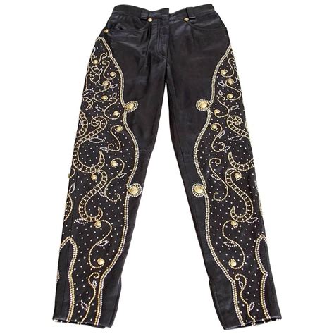 versace black leather pants with drawstrings|Versace trousers for women.